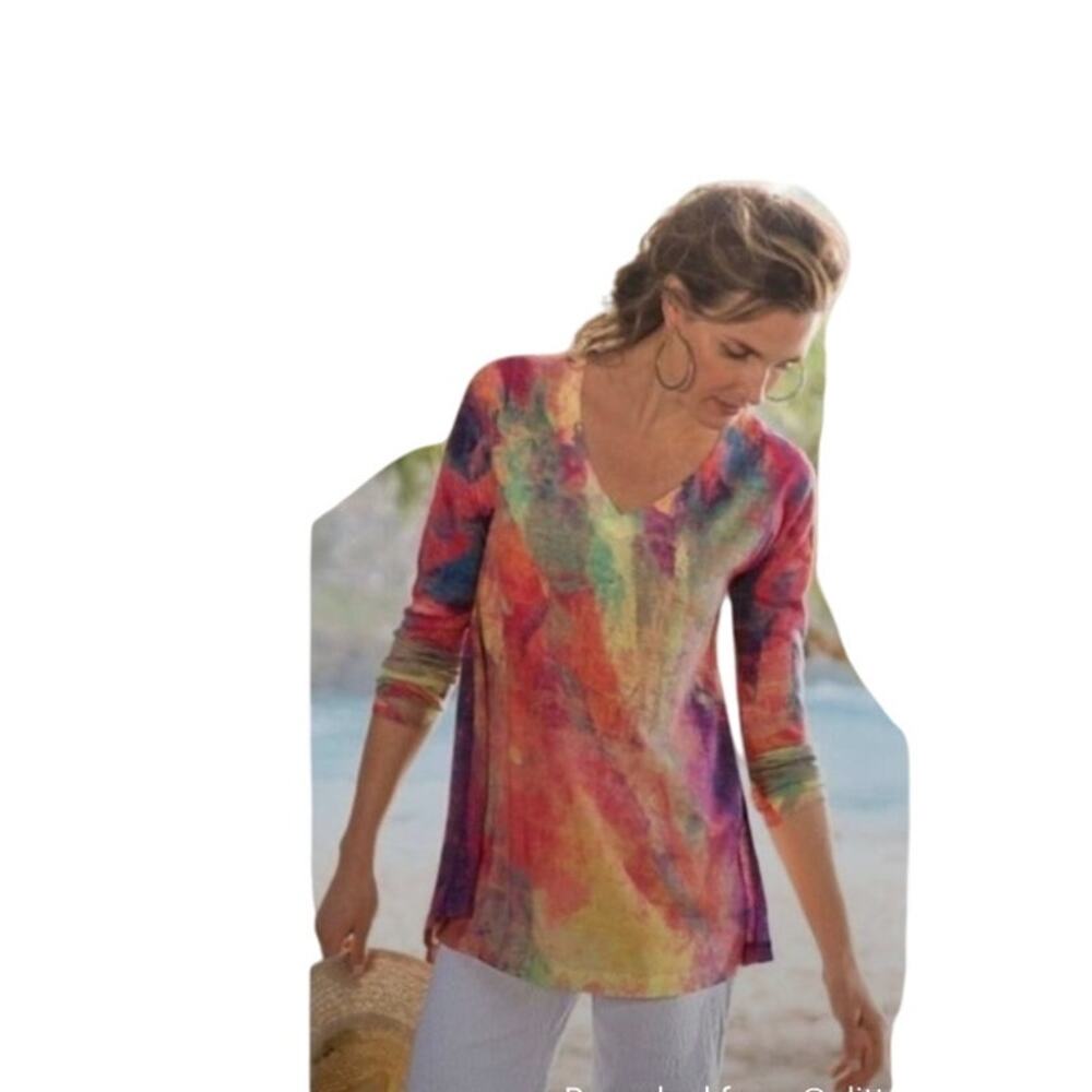 Soft Surroundings Multi Watercolor Pattern V‎ Neck Top Size M
